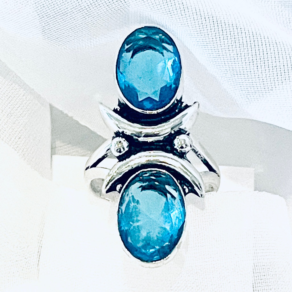 Blue Topaz Double Stone Silver Overlay Ring